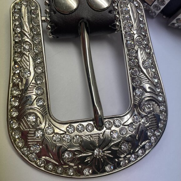 BHW Western Amber Bling Cowgirl Belt Gen Leather Sz L 36-38 Brown Silver Rodeo - Picture 2 of 16
